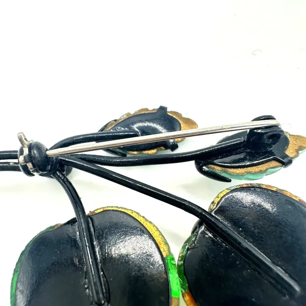Vintage black japanned gunmetal green red fruits art glass leaves brooch